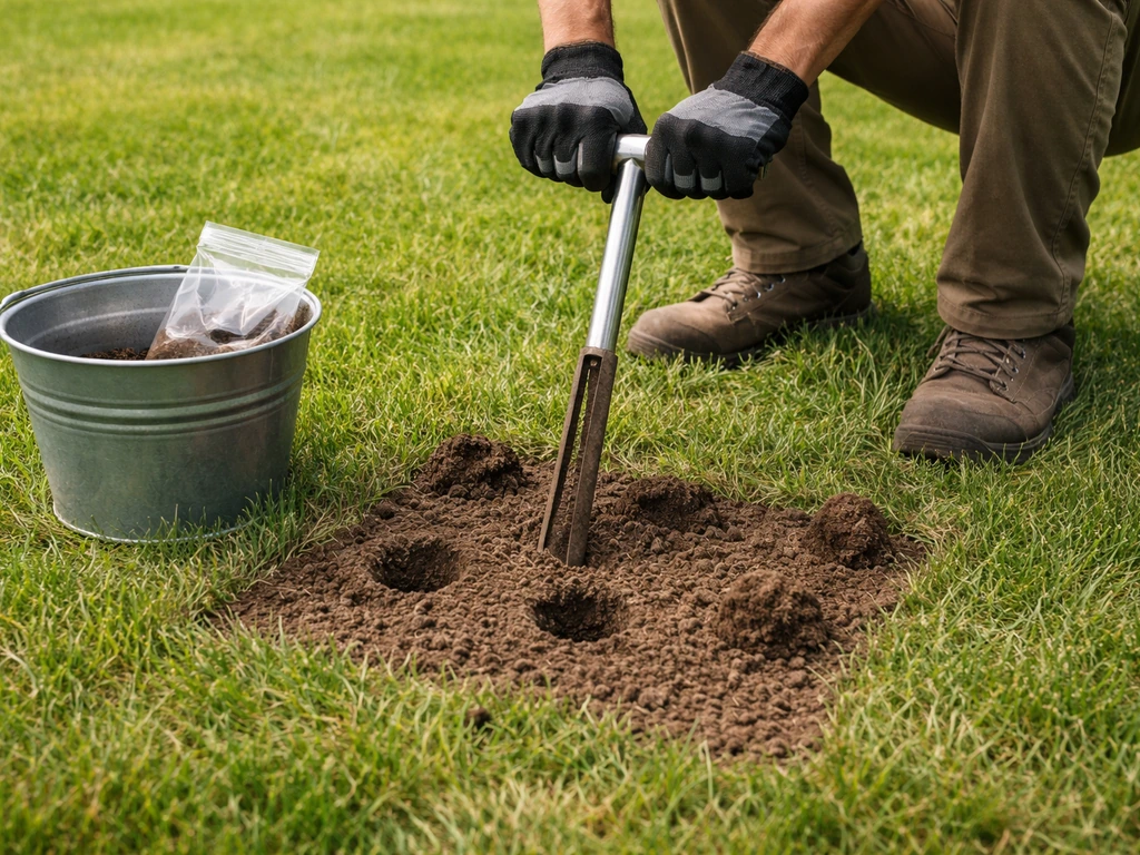 Iemand neemt bodem- en grassamples met een bodemboor; meerdere deelsteken en een emmer/monsterzak op een gazon.