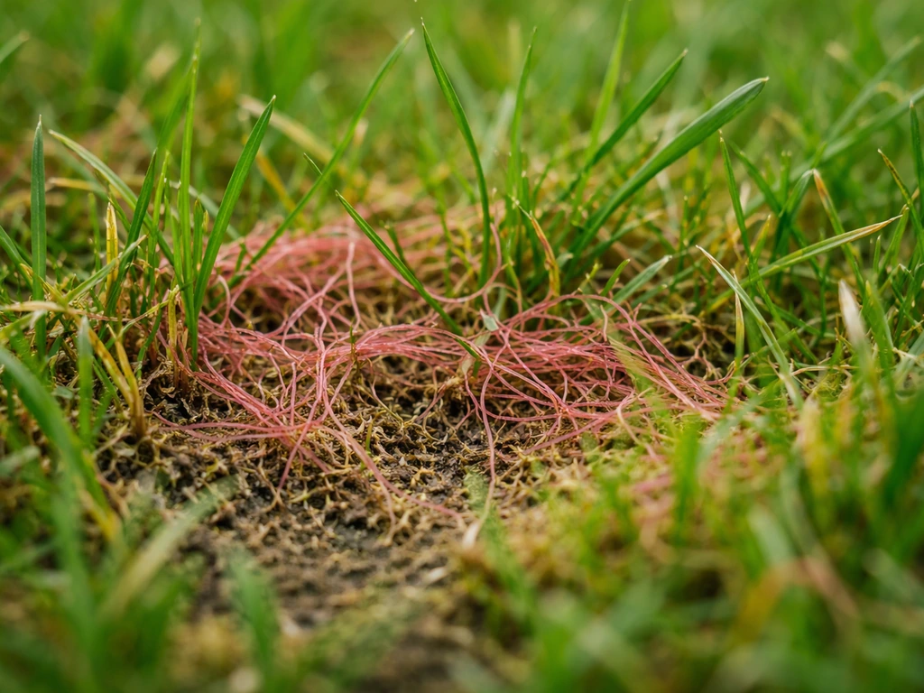 Close-up van roodachtige rooddraad tussen grassprieten met lichte verkleuring in het gazon.
