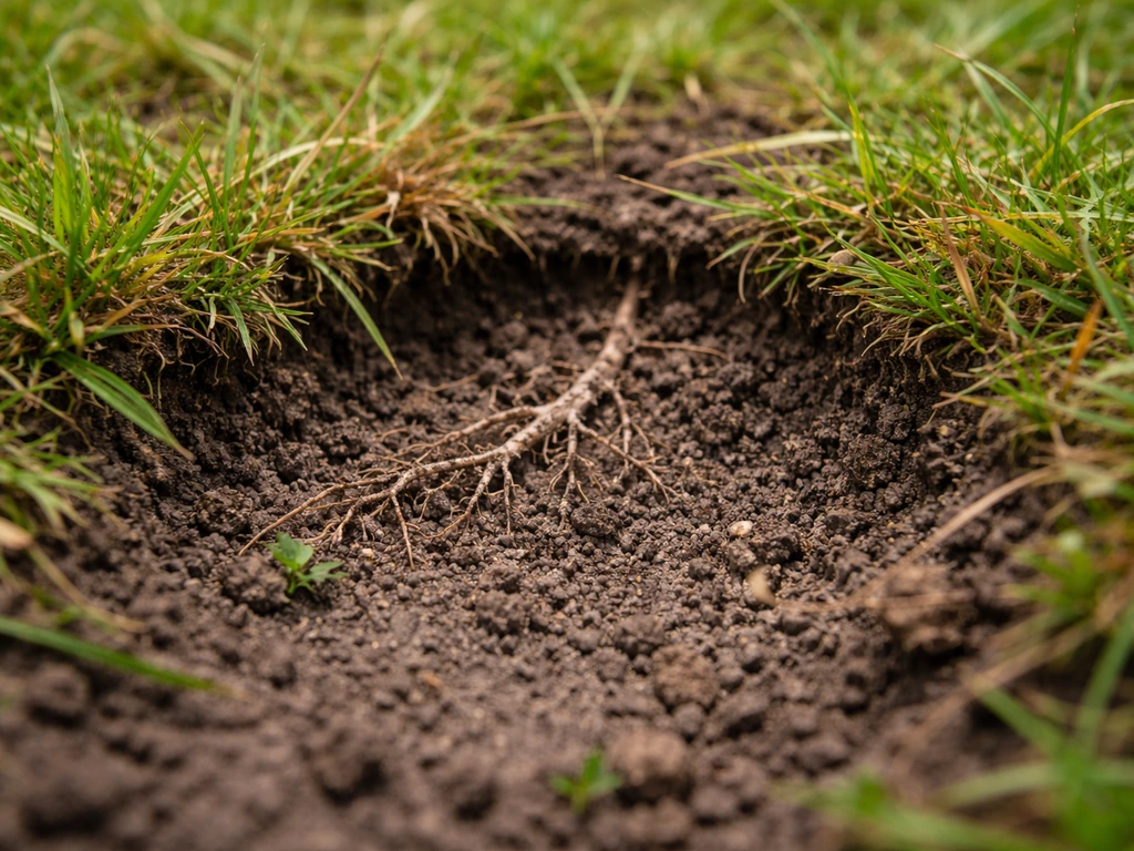 Kaal tuinplek met losse graszode en beschadigde wortels in de aarde, passend bij engerlingen.