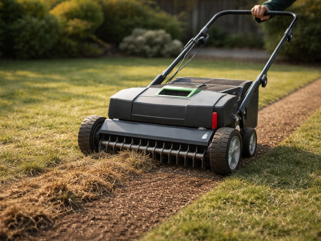 Tuinier die met een verticuteer-dorensmachine vilt uit het gazon haalt en direct daarna doorzaait in dezelfde baan.