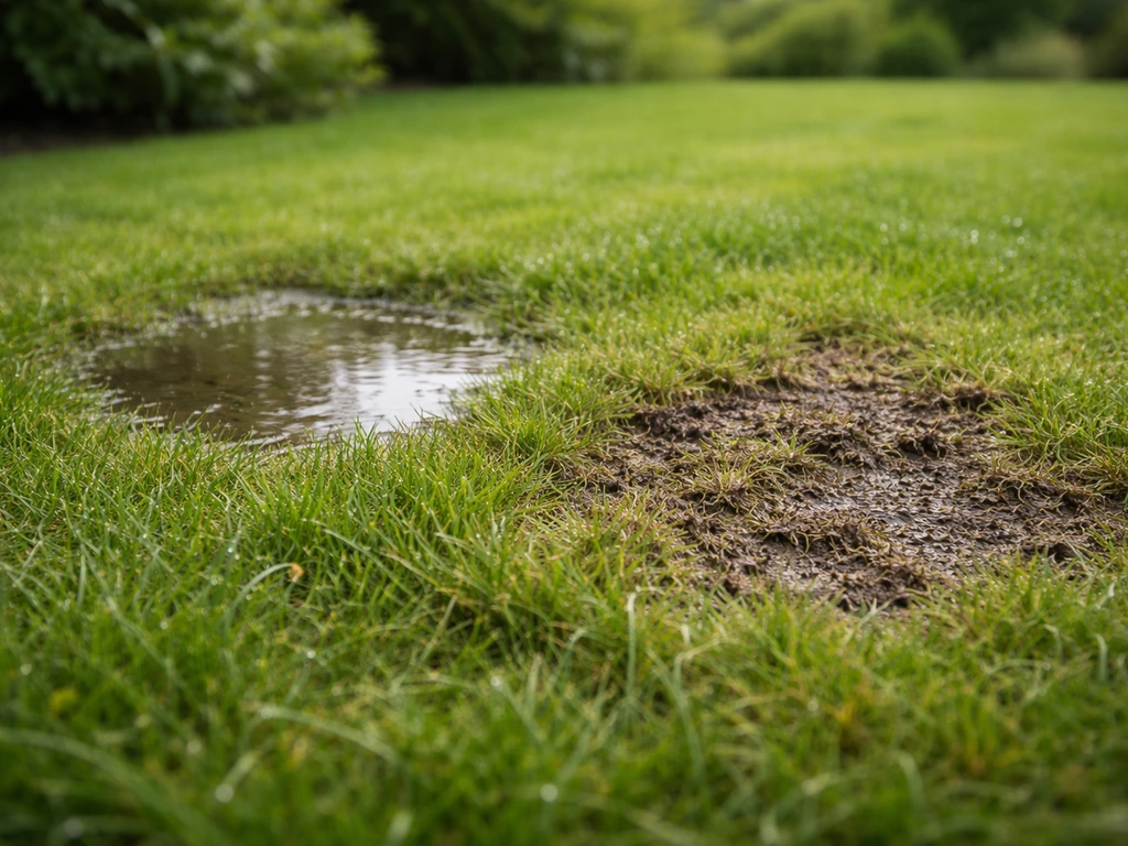 Close-up van een nat gazon met plasje na regen en een sponzige plek waar water wegblijft.