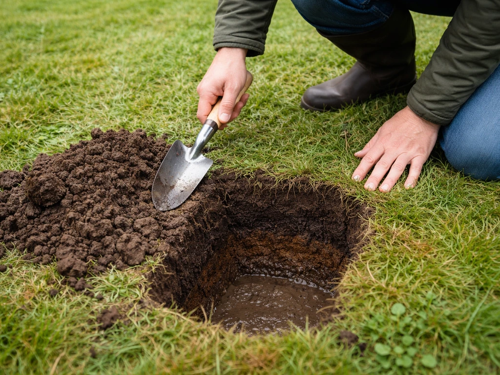 Anonieme tuinier graaft een testgat van 30 cm in nat gazon om bodemstructuur en drainage te beoordelen.