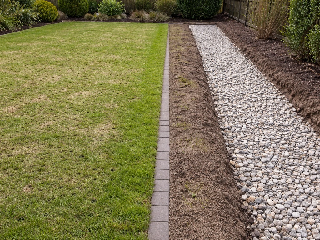 Tuin met twee aangelegde secties: gazon met sporen van beluchten/topdressing en naast elkaar een brede sleuf met grind v