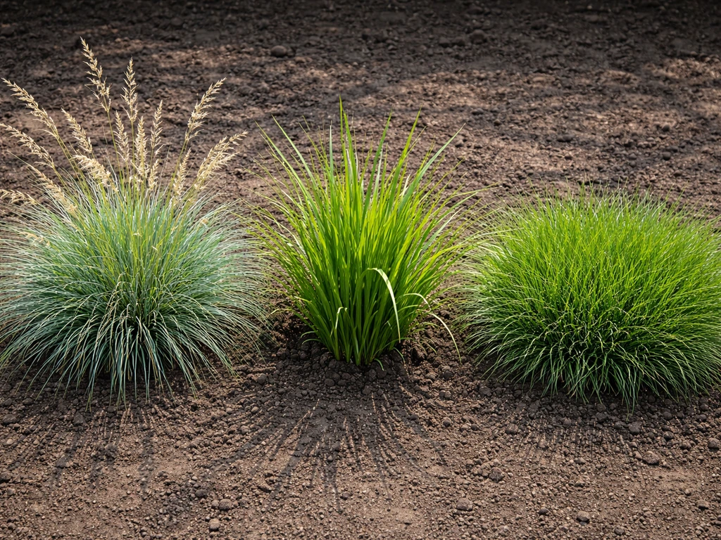 Drie naast elkaar geplaatste soorten grassen in een tuin: siergras, tuingras en functioneel (gazonachtige) gras.