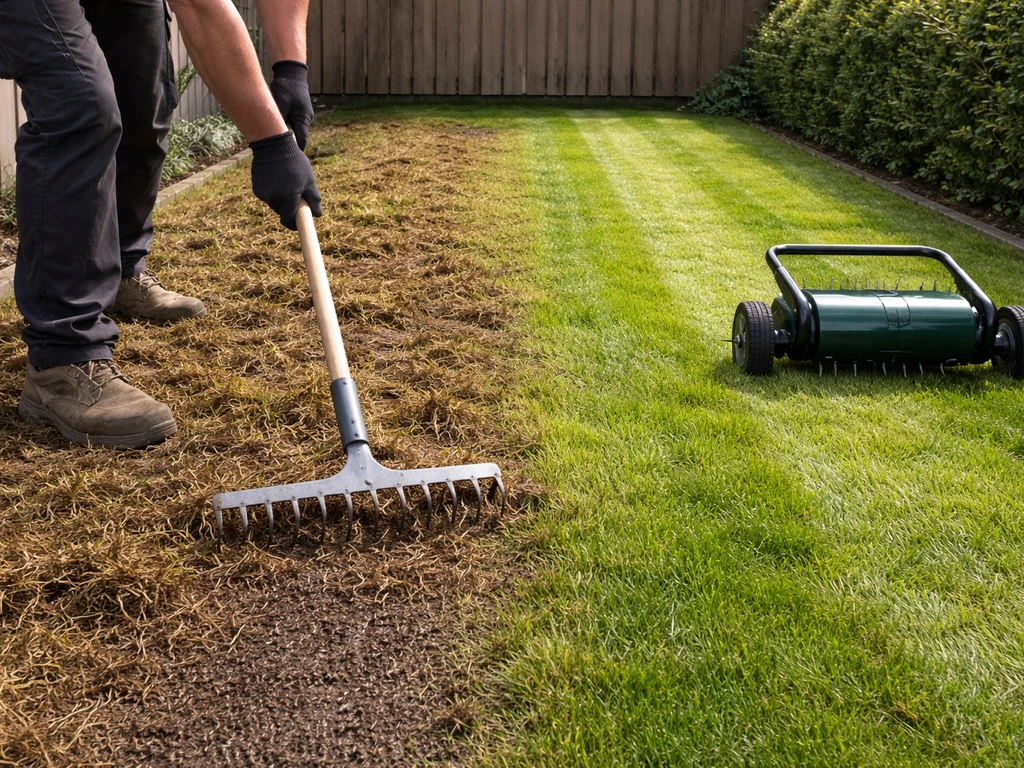 Tuinier werkt met verticuteerhark en gazonbeluchter; rijen gras met vilt vs. hergroei stroken