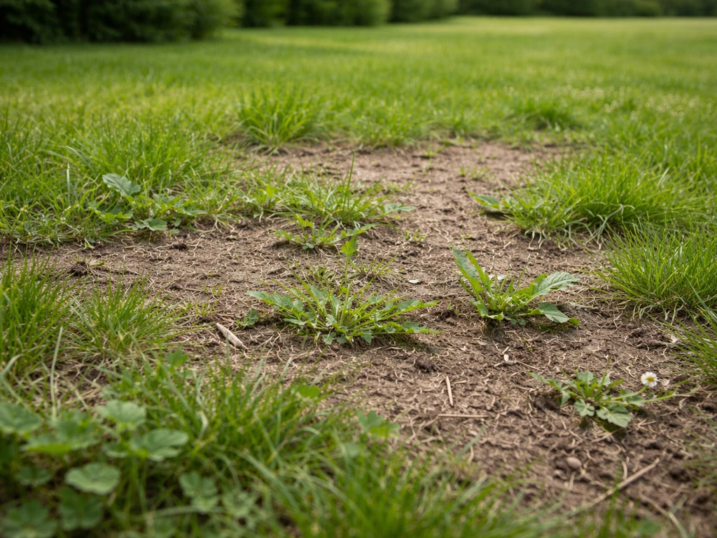 Close-up van een gazon met kale plekken en onkruid tussen het gras, met zichtbare bodemtextuur.