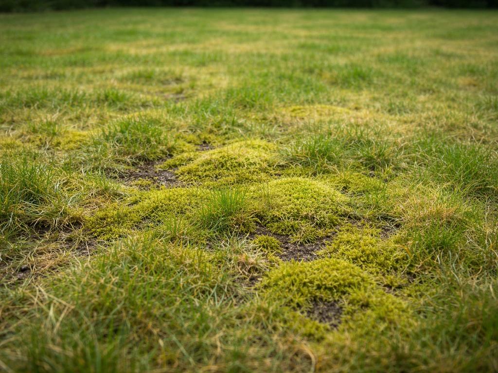 Close-up van een gazon met geelgroene verkleuring en mosplekken tussen het gras.