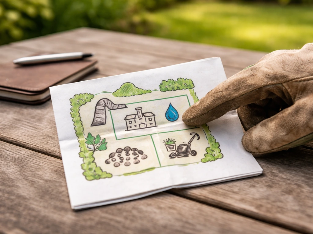 Hand wijst op een simpele tuinschets met pictogrammen voor locatie, bodem, water en gebruik.