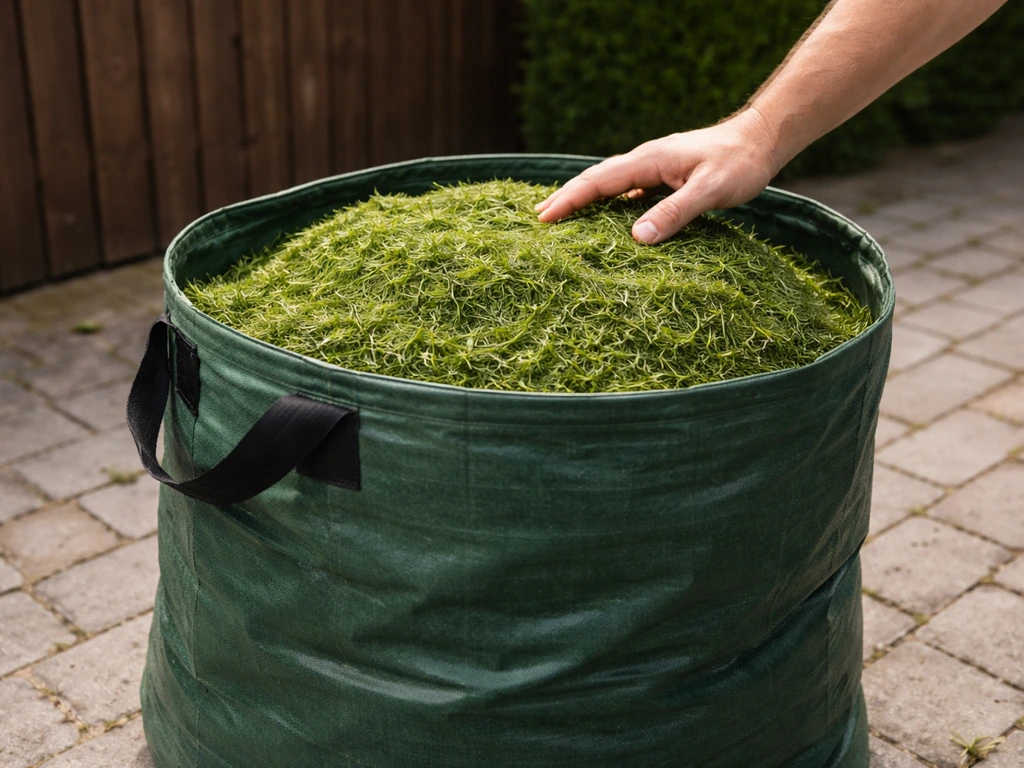 Hand met maaisel in een groene afvoerzak op een schone oprit, klaar voor afvoer naar groenafvalverwerker.