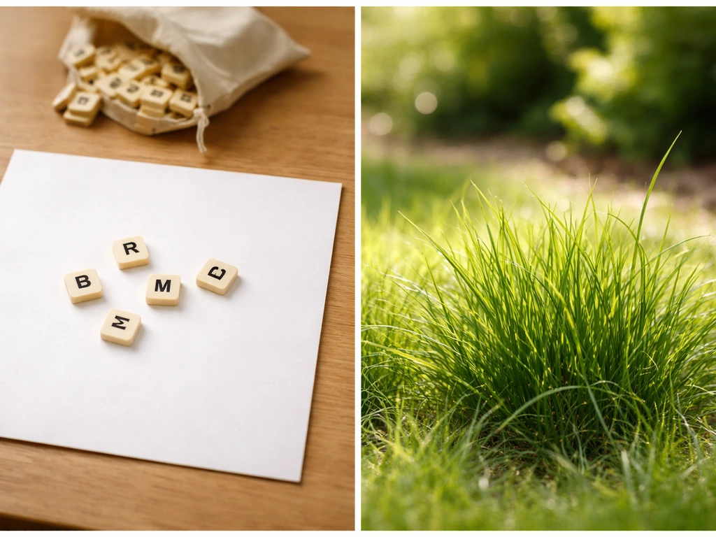 Links lettertegels op puzzeltafel (5 letters), rechts close-up van echt gras in de tuin.