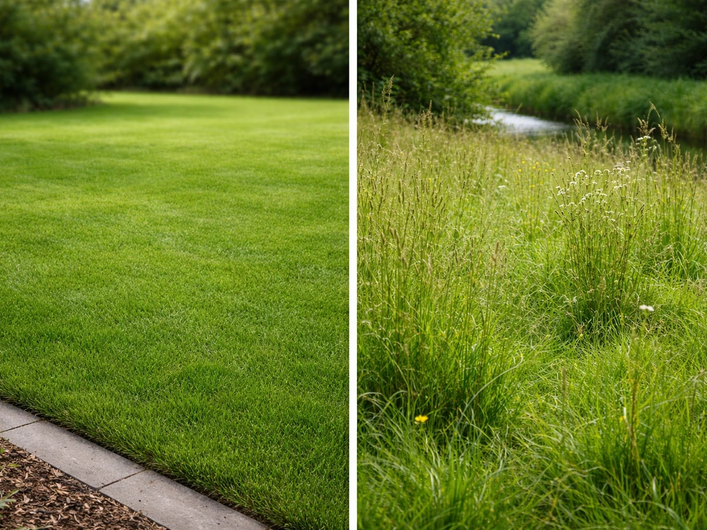 Links verzorgd grasperk, rechts ruig veld met wilde begroeiing en een vage oever/sloot