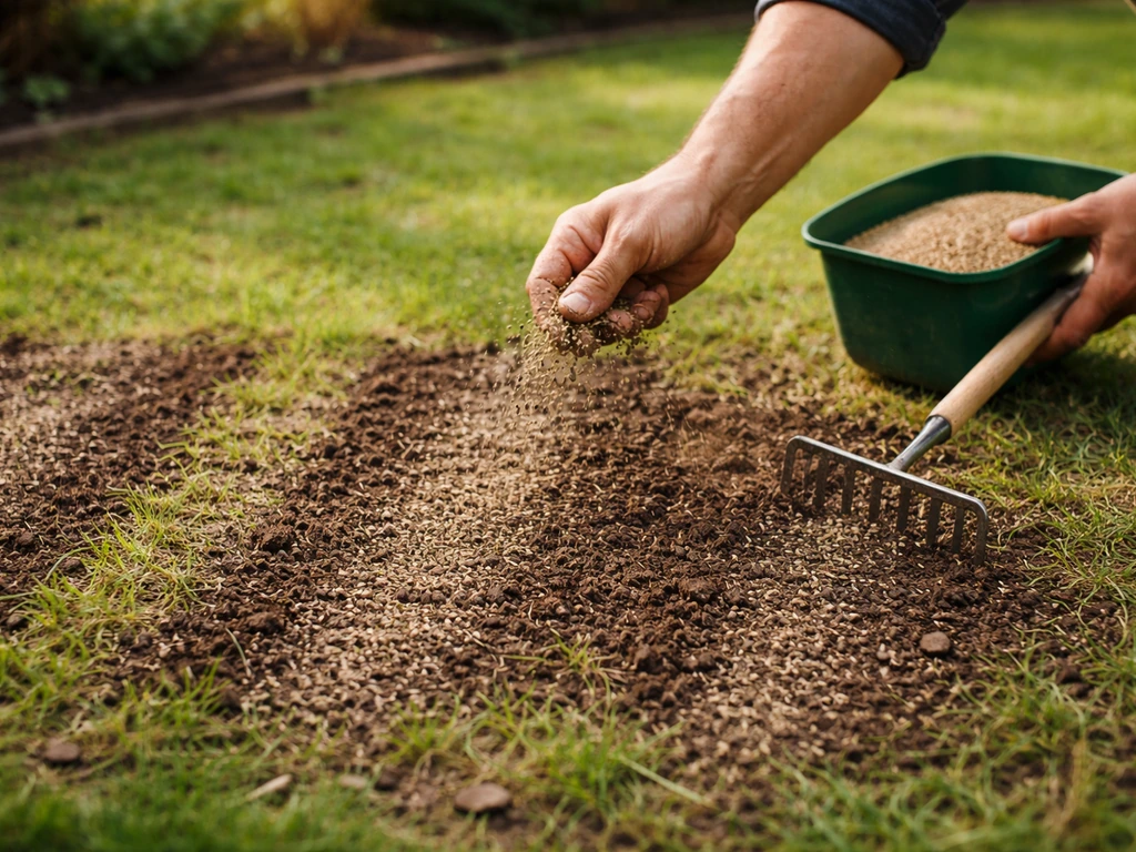 Anonieme hand die graszaad strooit op kale plekken in het gazon, met zichtbare ingezaaide stroken.