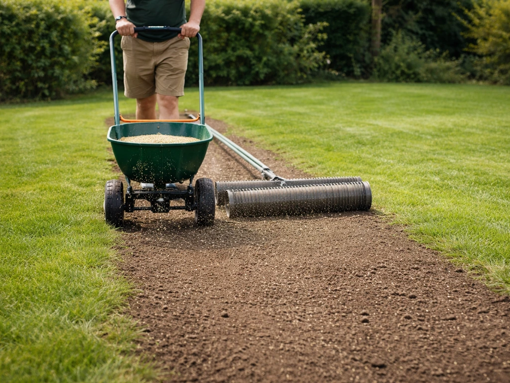 Iemand strooit graszaad over een gazon na verticuteren en werkt het licht in met hark/rol.