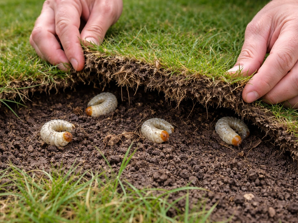 Losgetrokken grasmat met zichtbare engerlingen in de bodem en beschadigde graswortels.