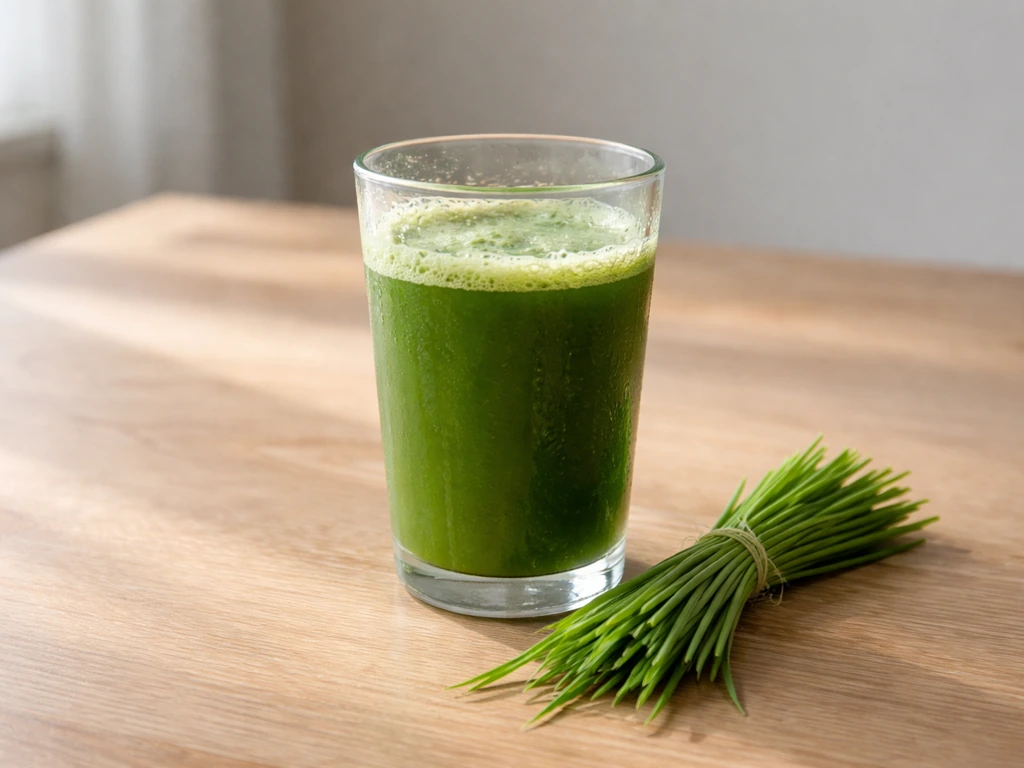 Glas vers geperst superfood gras sap met een klein bosje tarwegras ernaast, fris en natuurlijk.