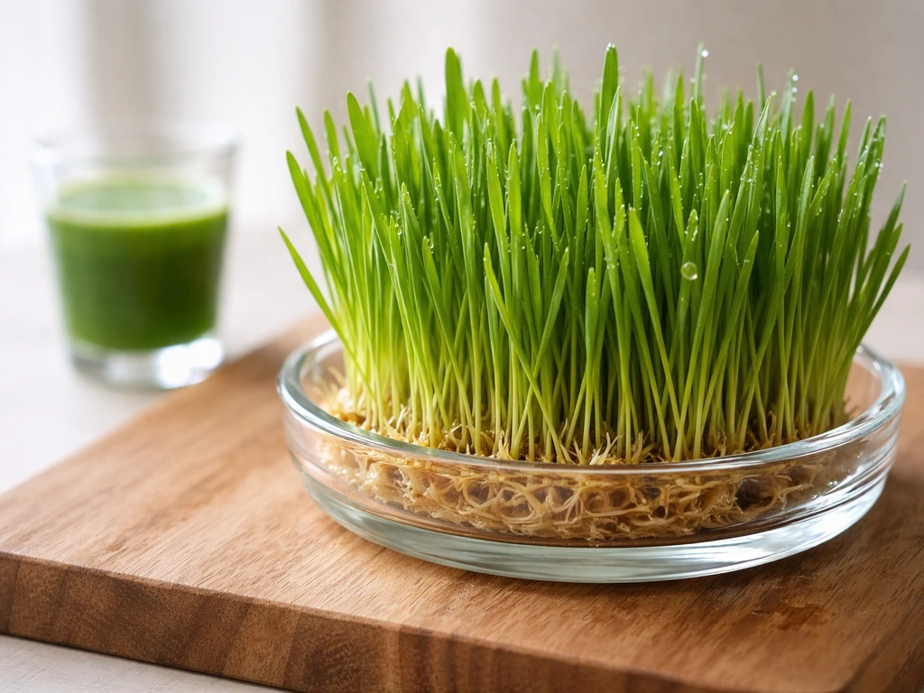 Close-up van verse tarwegraspruiten met een kleine beker vers groen sap op een houten plank.