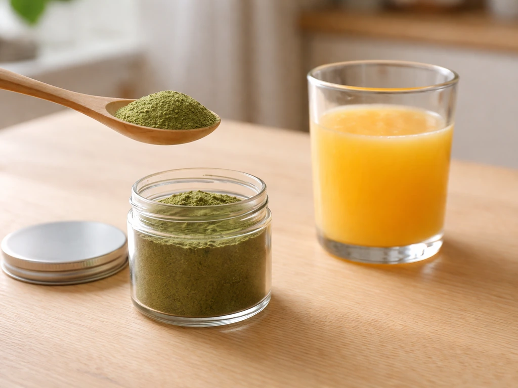 Theelepel met superfood graspoeder en glas vers geperst sap naast een schone bewaardoos.