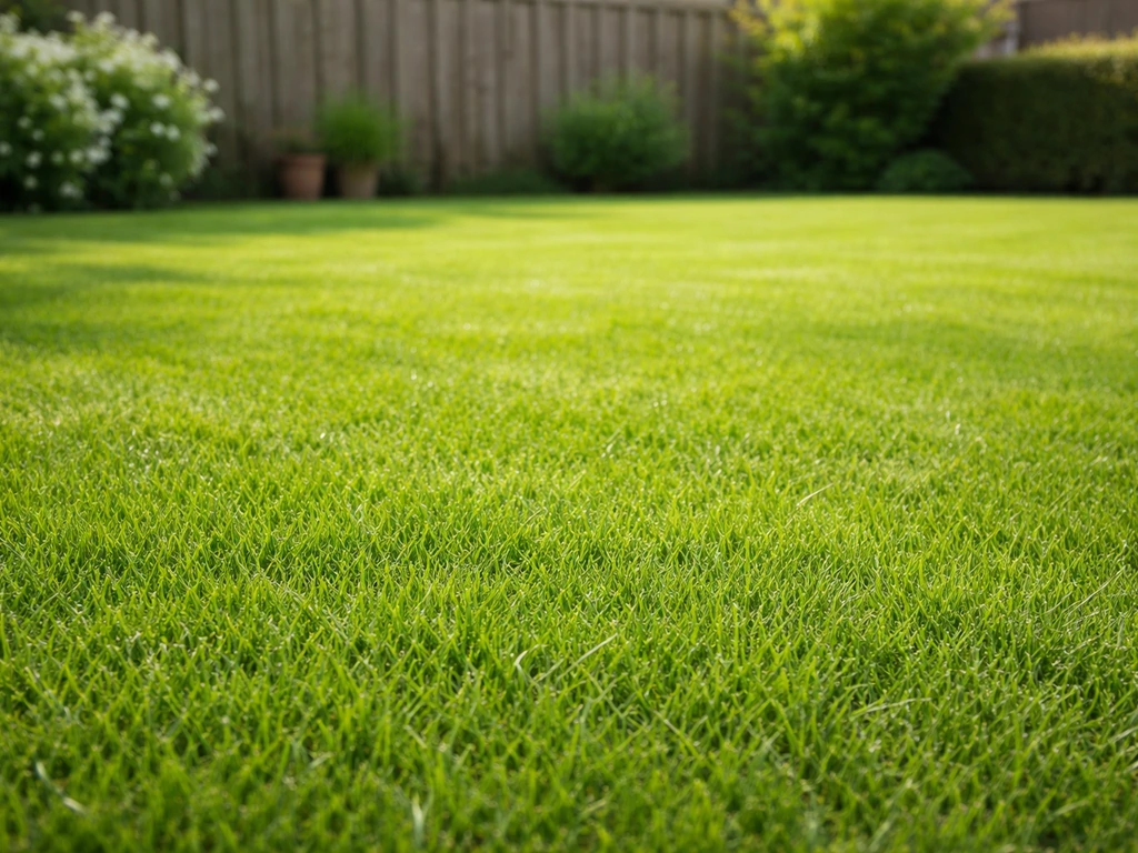 Verzorgd Nederlands gazon in voorjaars-/zomerlicht met zichtbare gezonde grassprieten in een stille tuin