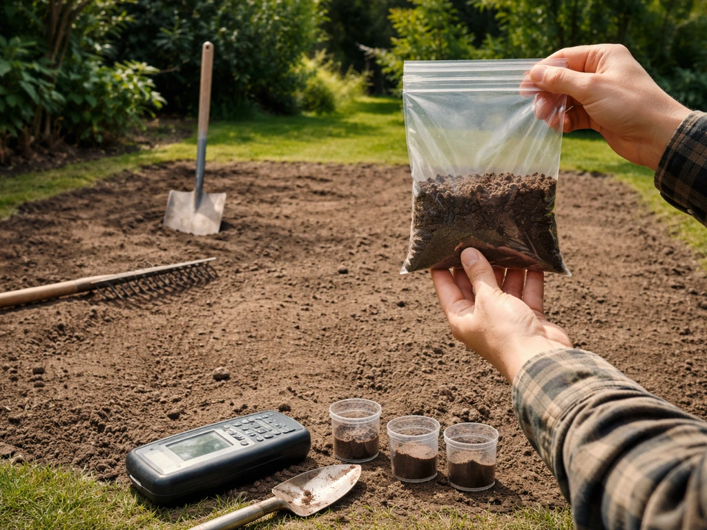 Handen met bodemmonster en tuingereedschap bij voorbereide grond voor gazonvernieuwing