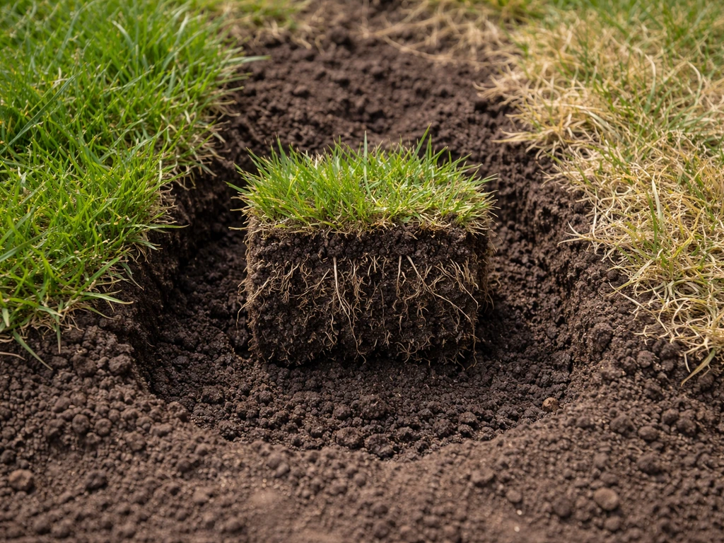 Close-up van twee soorten grasproblemen naast elkaar met een zichtbaar bodem- en wortelmonster voor diagnose.
