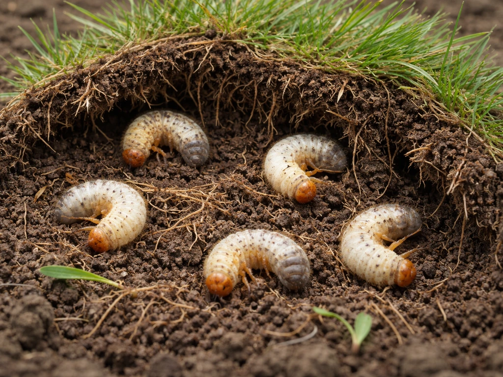Close-up van engerlingen in de toplaag van gras met zichtbare wortelschade