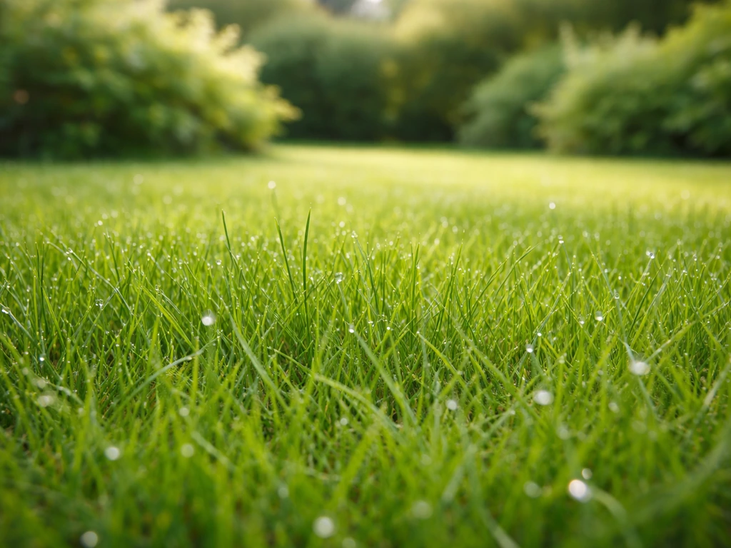 Frisgroen gazon in close-up met dauwdruppels en zacht onscherpe tuinbeplanting op de achtergrond.