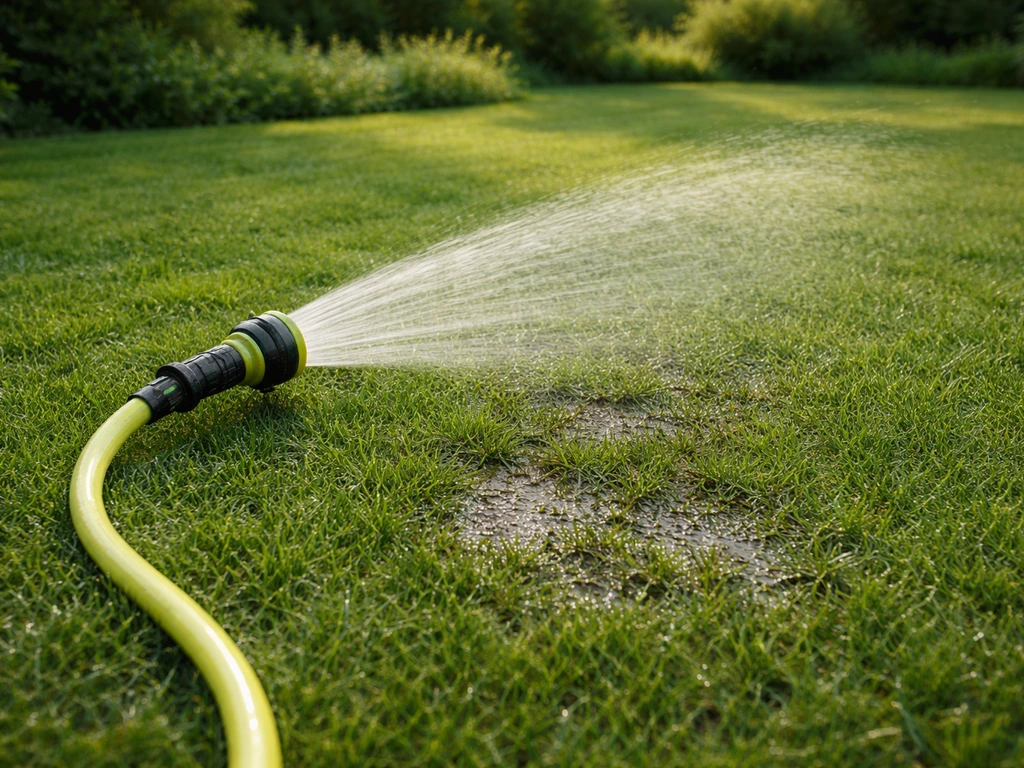 Gazon met sproeislang en zichtbare waterinfiltratie tijdens het water geven