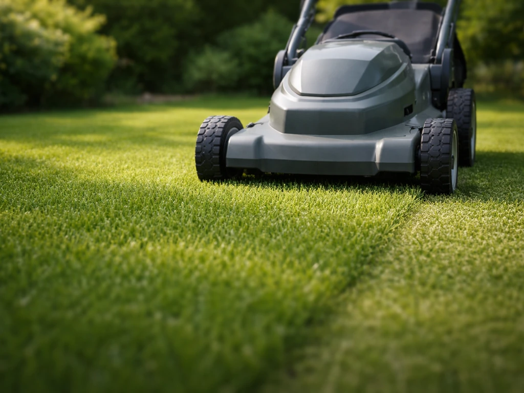 Maaier op een gazon waarbij het gras duidelijk 4–6 cm hoog blijft na het maaien.