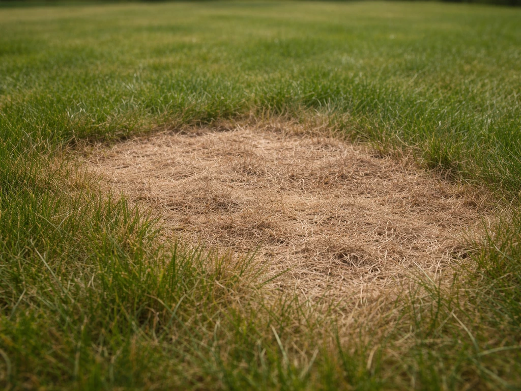 Bruine grasplek in een deels groen gazon, dichtbij gefotografeerd met natuurlijk tuinlicht.