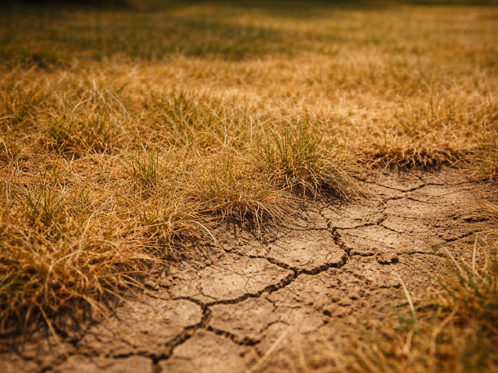 Close-up van een verdord gazon met strogele tot bruine plekken en gebarsten, droge grond in de zomerzon.