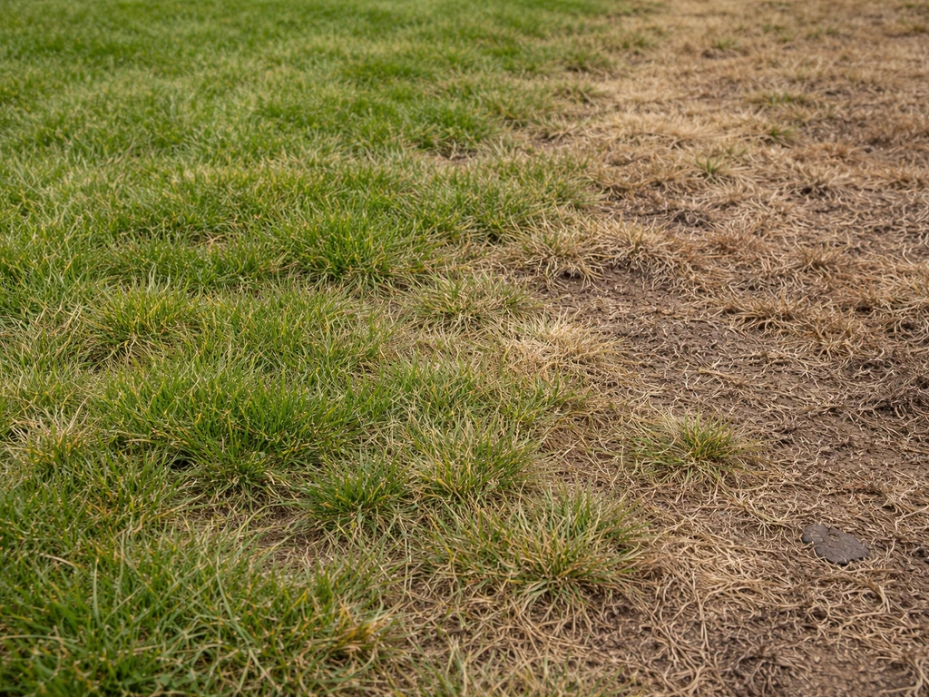 Val geelgroene gazonplekken die overgaan in bruin, met zichtbare ongelijkheid tussen grasstroken.