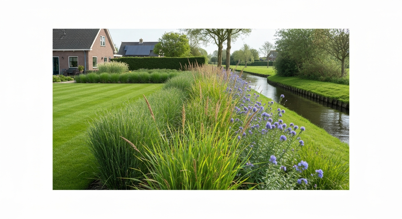 Nederlandse tuin met gazon op de voorgrond en Noord-Amerikaanse sier- en prairiegrassen (switchgrass, little bluestem) in bloei op de achtergrond, avondlicht