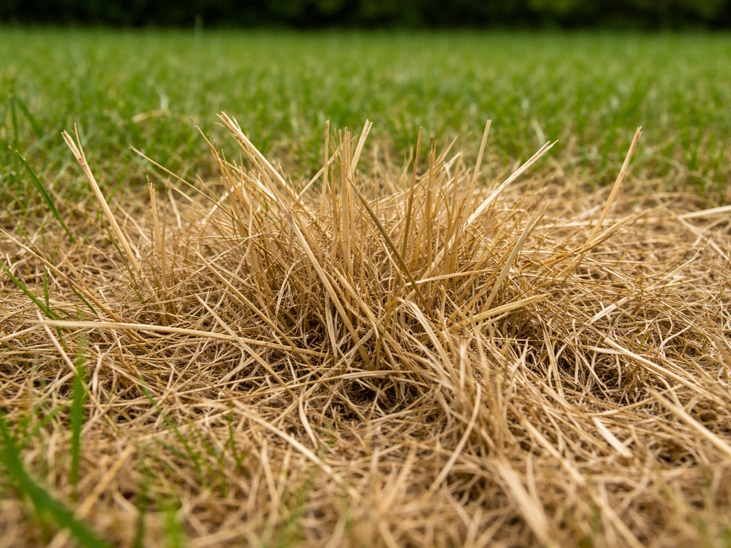 Close-up van dor, geelbruin gazongras met papierachtige sprieten die niet terugveren.