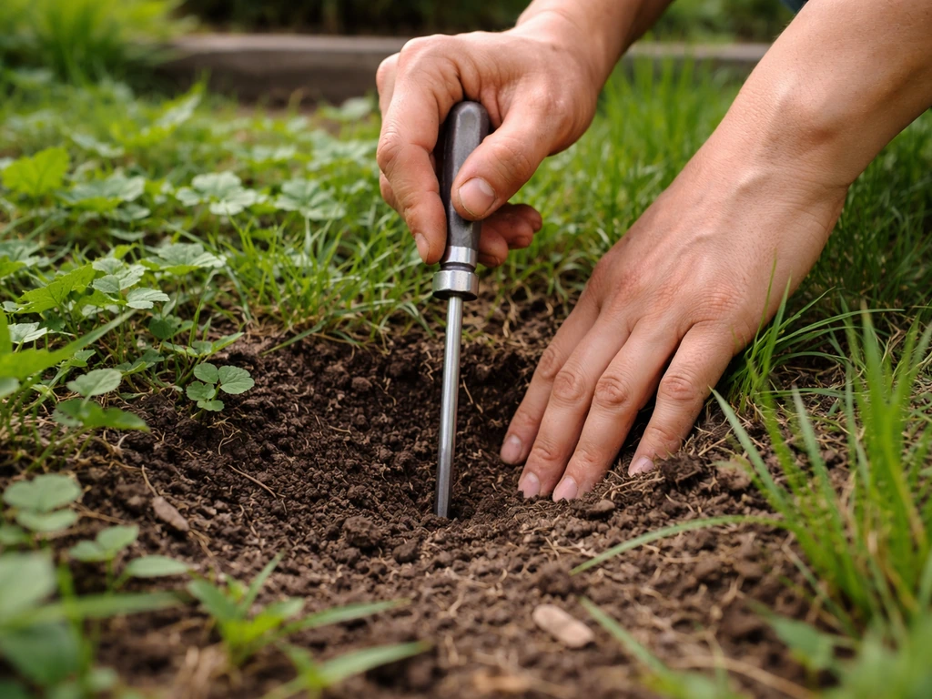 Hand steekt een schroevendraaier ongeveer 10 cm in de grond, om te controleren op droogtestress in de wortelzone