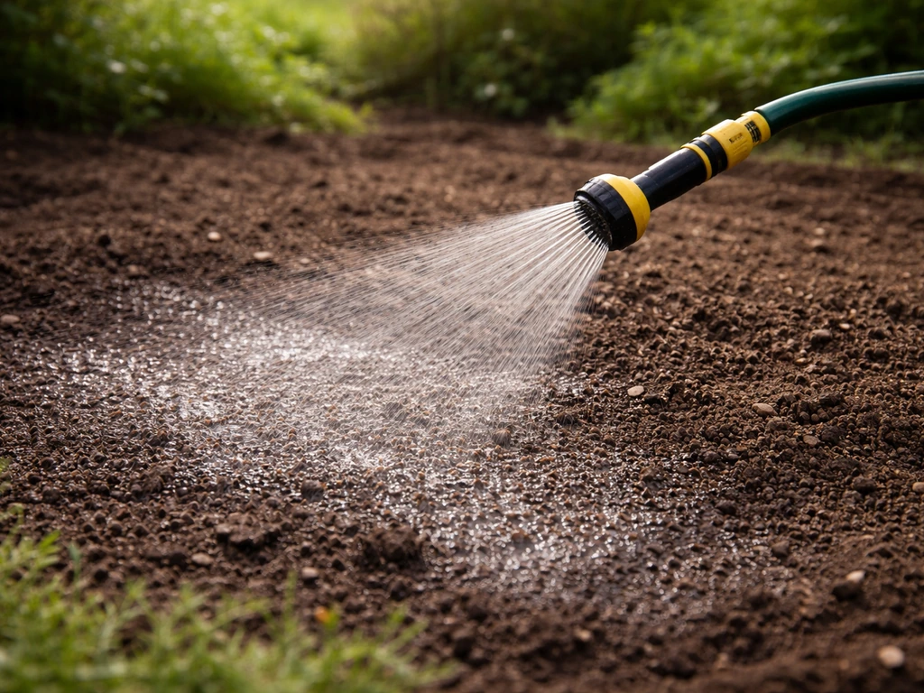 Gelijkmatig water geven met tuinslang/sproeier op vochtige tuinbodem, zonder mensen in beeld.