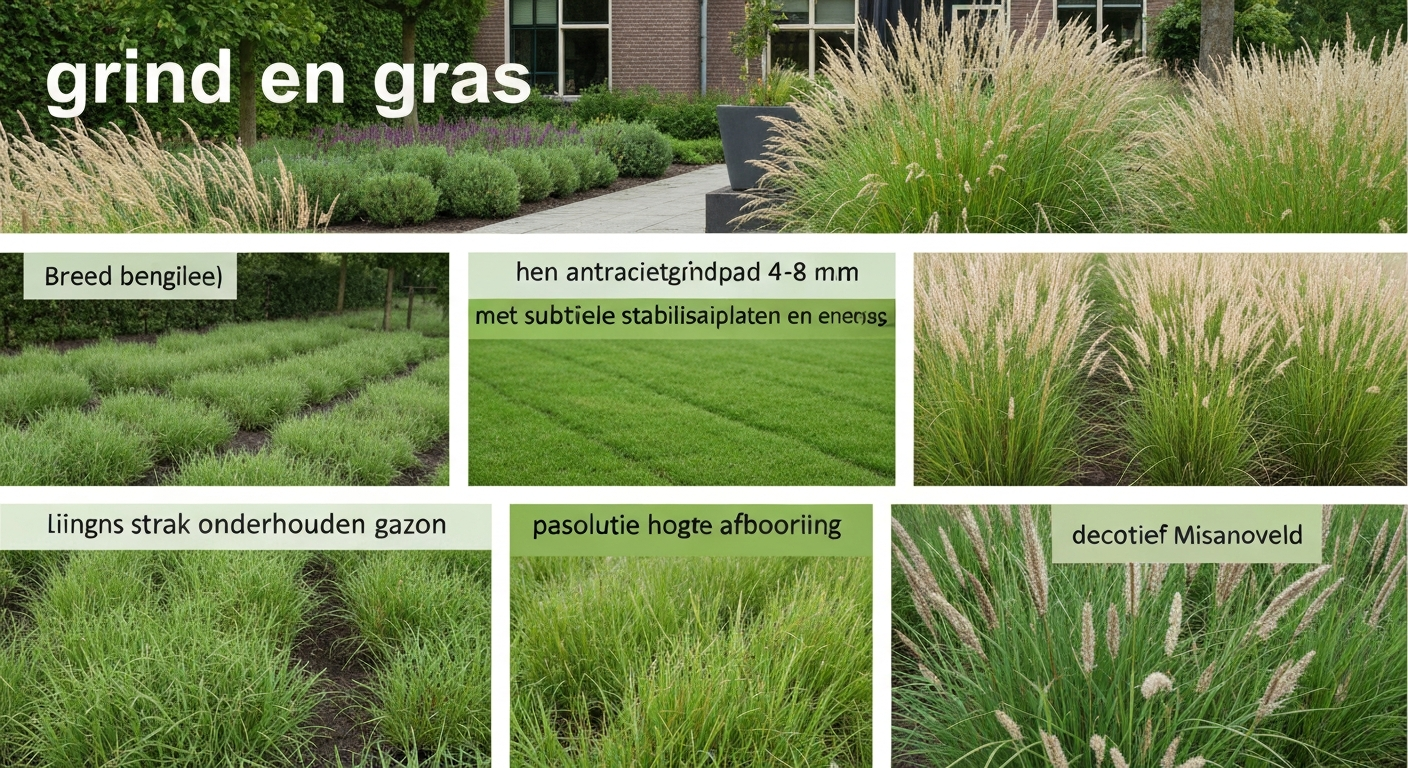 Brede foto van een Nederlandse achtertuin met een antraciet grindpad tussen gazon en een decoratief grindveld met siergrassen (Molinia, Miscanthus); geen mensen zichtbaar