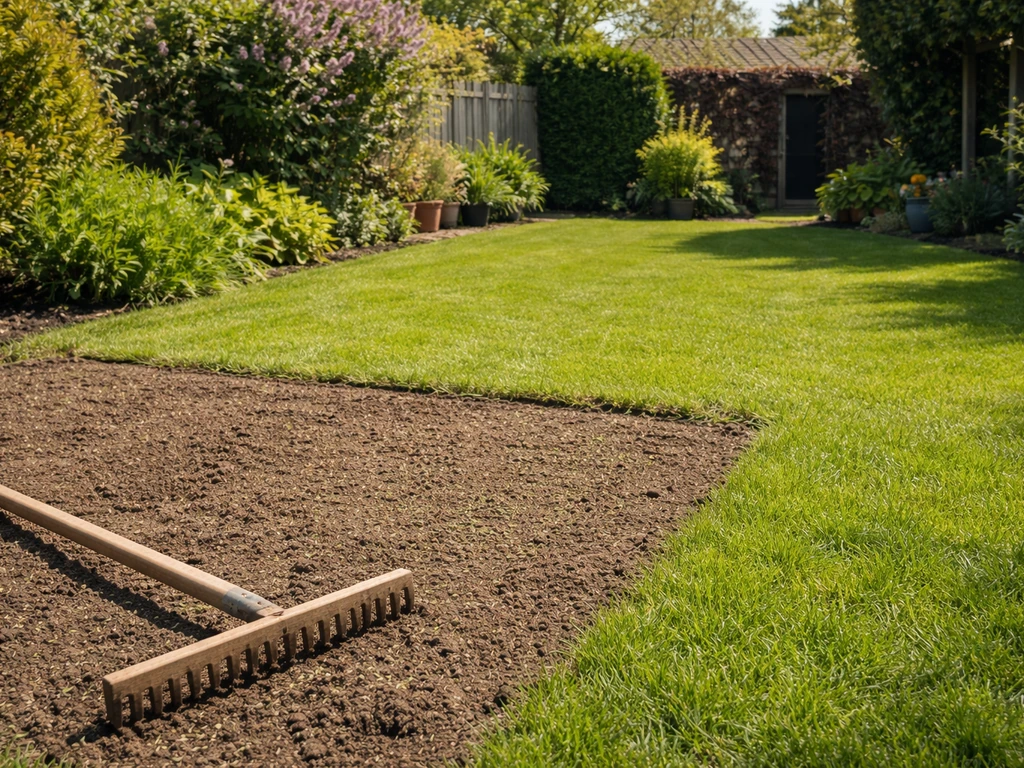 Voorjaars NL-tuin met losgemaakte grond en vers ingezaaid gazon, met een hark in beeld.