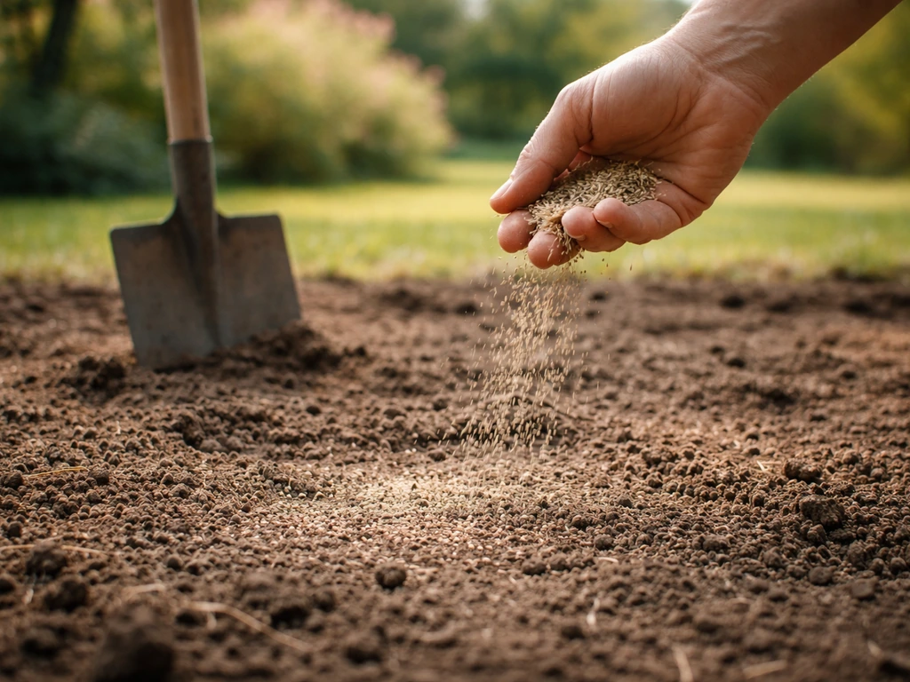 Hand die graszaad uitstrooit op omgewoelde aarde, als seizoensmoment voor nieuw gras in Nederland.