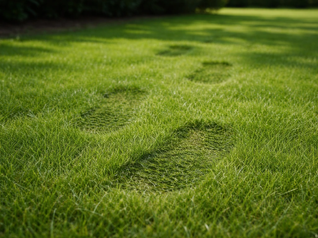 Gebruiksgazon met slijtagestructuur en zichtbare grassprieten, licht bespeeld in een rustige tuinomgeving