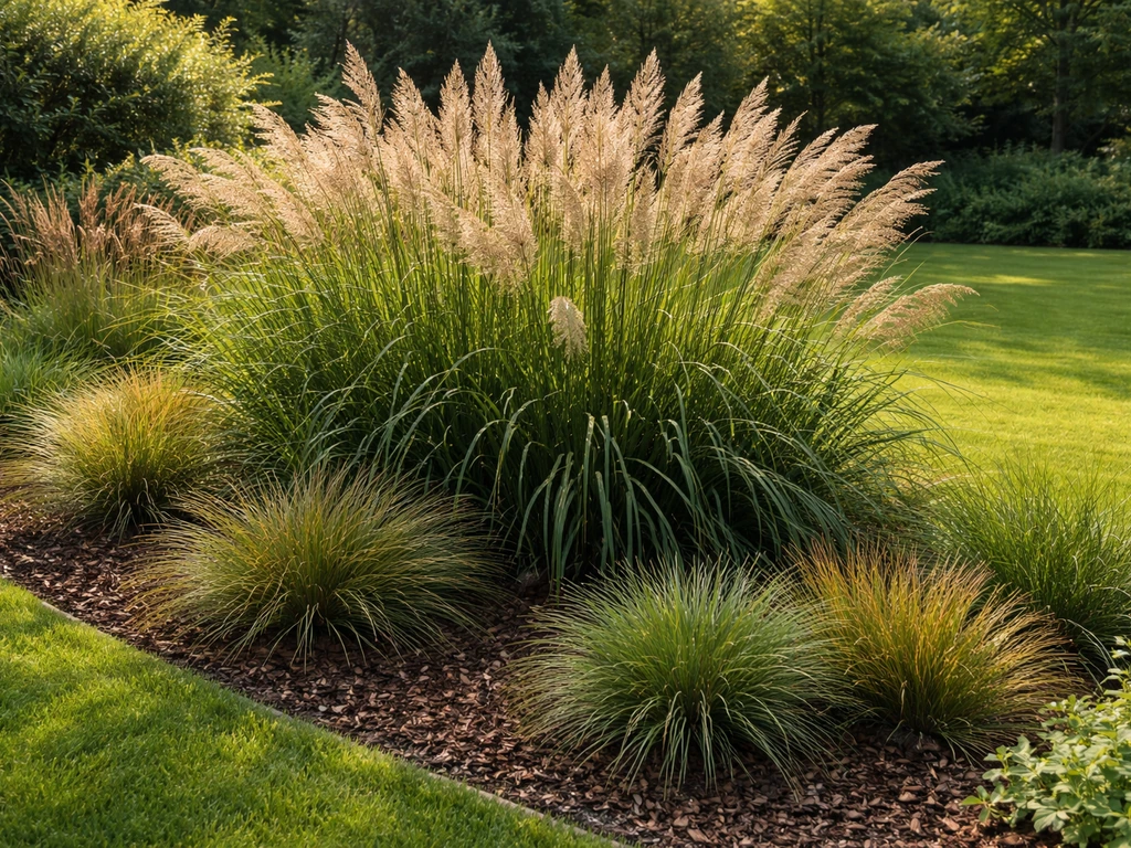 Siergrassen in een beplante tuinborder, met miscanthus-achtige pluimen en gras als achtergrondaccent.