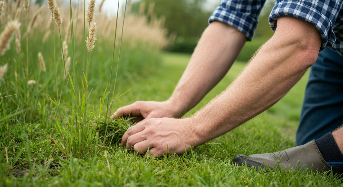 Tuinier in Nederlandse achtertuin: close-up van onderarmen met roodheid door contact met gras, één hand met nitrilhandschoen; emolliënt en grasmaaier op de achtergrond.