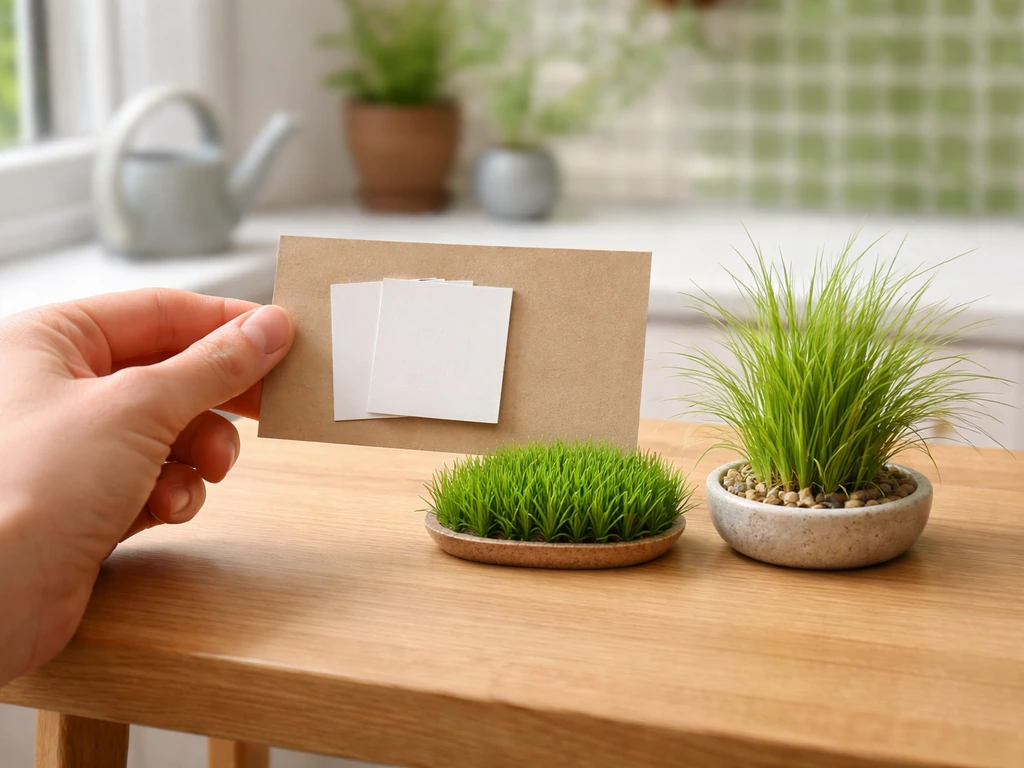 Minimalistische close-up van een keukentafel met een kaartje waarop je gras en problemen kunt vergelijken, zonder tekst