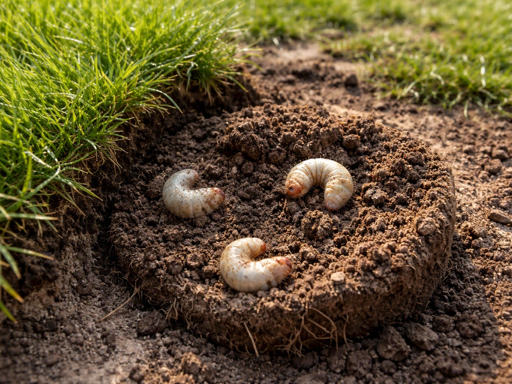 Losgetrokken gras met een open grondmonster naast zichtbare witte larven in de aarde.
