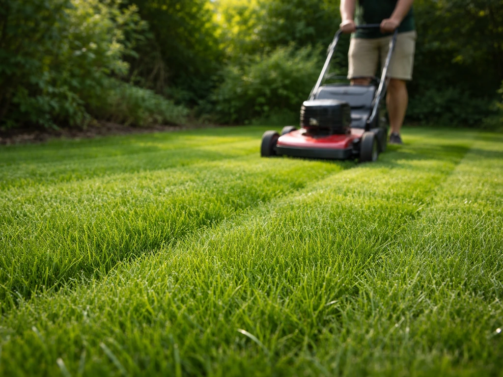 Maaien van een gazon met niet te lage maaihoogte; anonieme grasmaaier in een rustige tuin.
