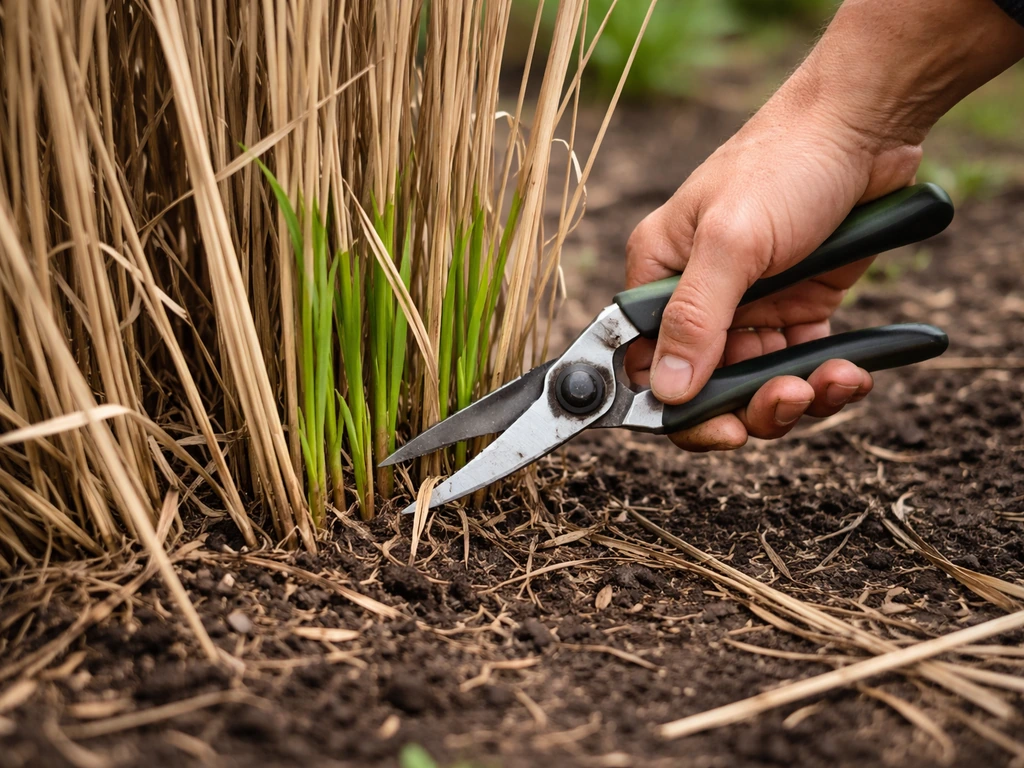 Hand knipt in maart/april oude siergrasstengels bij de grond weg; nieuwe groene uitloop is zichtbaar.