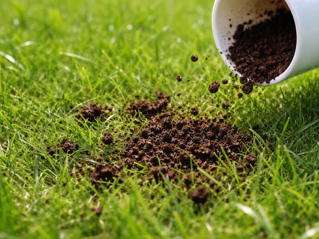 Koffiedrabkorrels verspreid over groen gazon, met bakje of koffiekop als bron buiten beeld