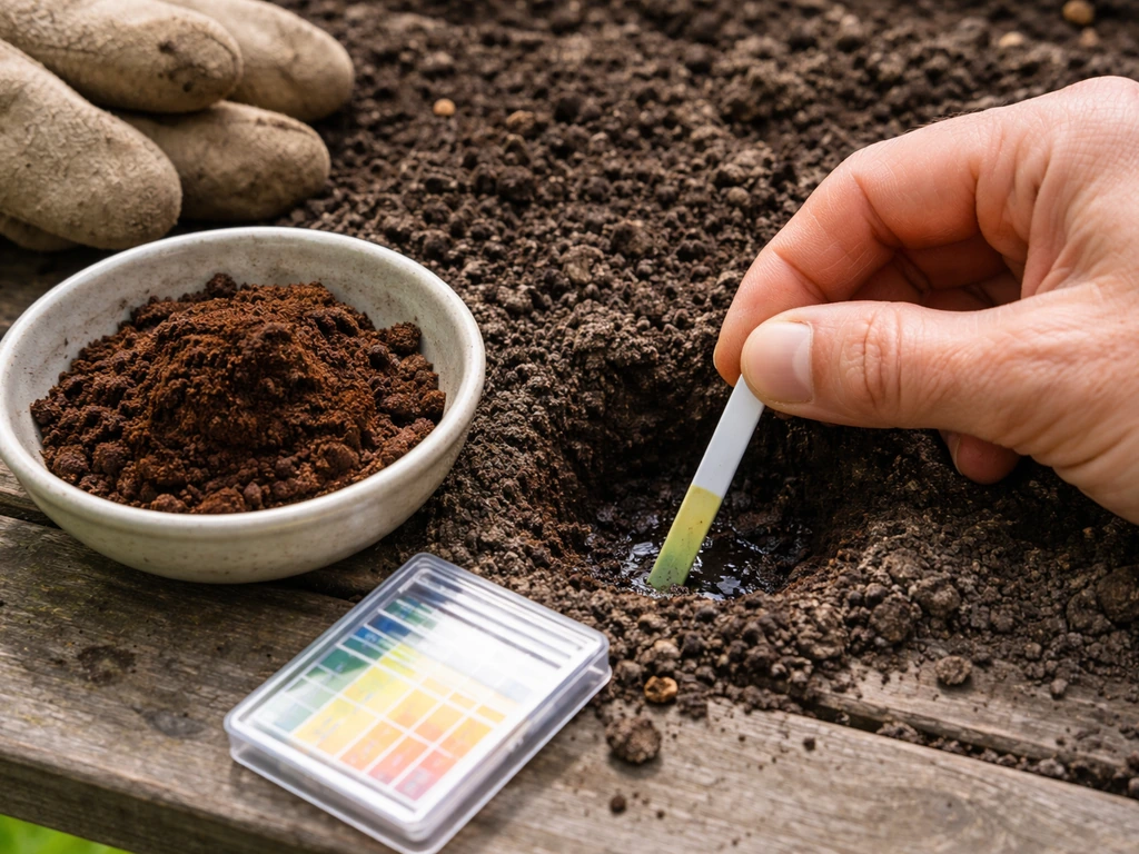 Close-up van aarde en koffiedik met een pH-testkit erbij om zuurgraad te visualiseren.