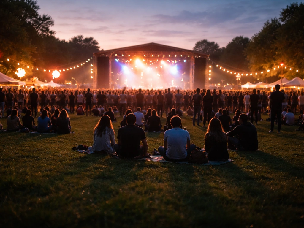 Avond op een grasveld van een Nederlands muziekfestival, met verlicht podium en publiek in een brede hero-opname.