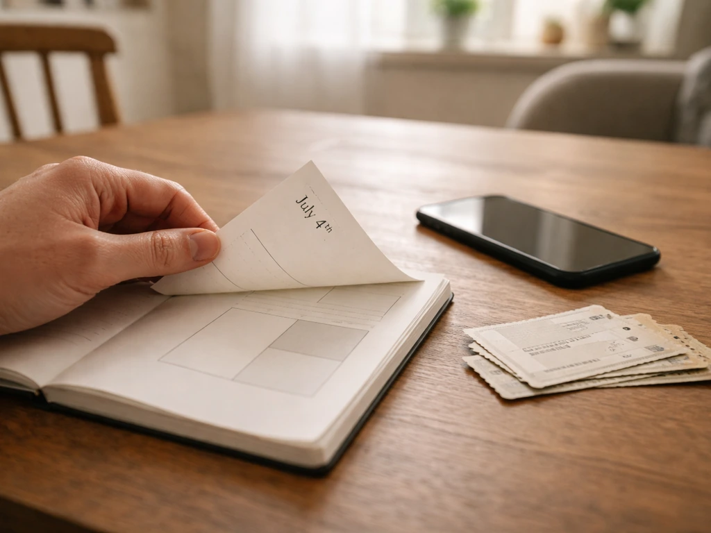 Hand raakt een kalender op een houten tafel met festivalplanning voor 4 juli, tijdsblok voor de avond.