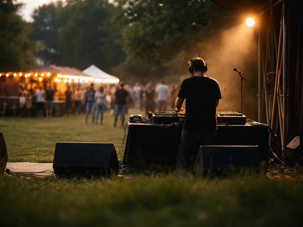 Live-muziek op een buitenpodium boven een grasveld, met zachte achtergrond van eet- en drankkramen.